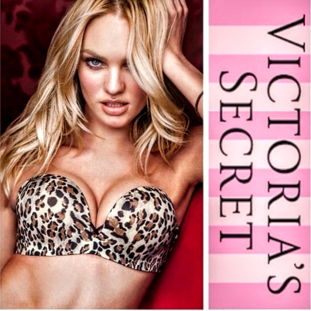 34cVictoria’s Secret Miraculous Padded Strapless Bra Leopard Cream Tan Black 34C